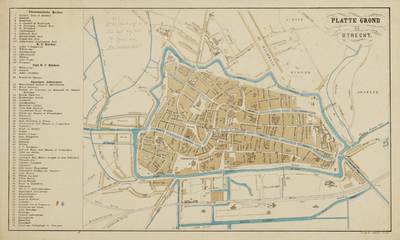 214036 Plattegrond van de stad Utrecht, met weergave van het stratenplan met namen, bebouwing, wegen en watergangen. ...